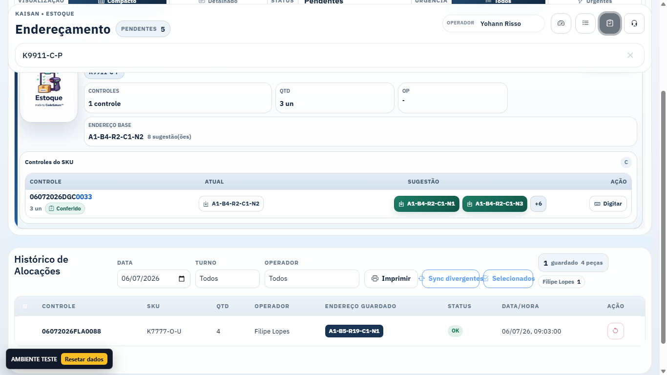 Inventory operations test environment showing a checked stock control ready for allocation