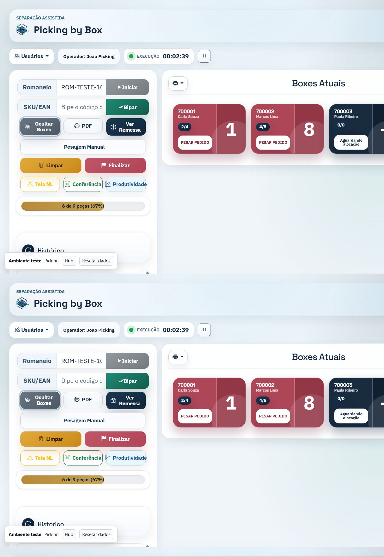 Picking by Box test interface with scan controls and active box cards
